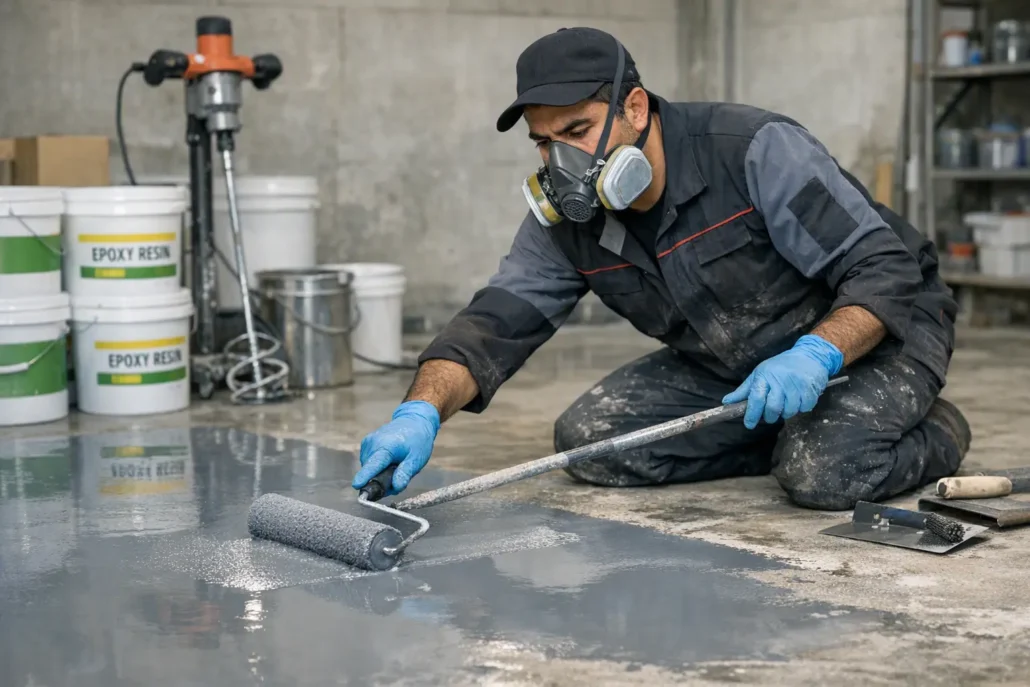 اجرای رنگ اپوکسی کف با غلطک روی بتن - آموزش ترکیب رنگ اپوکسی با هاردنر و تینر